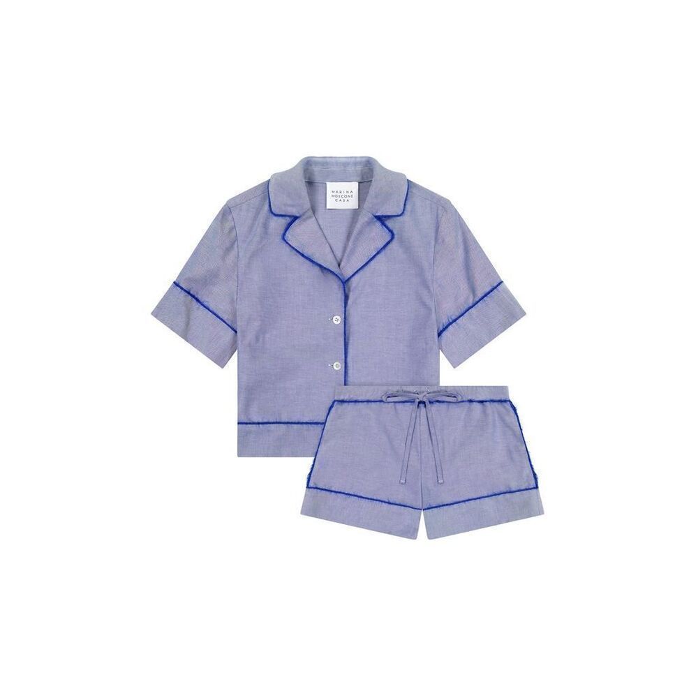 MARINA MOSCONE COTTON PAJAMA SET IN BLUE FEATHER TRIM SIZE M
